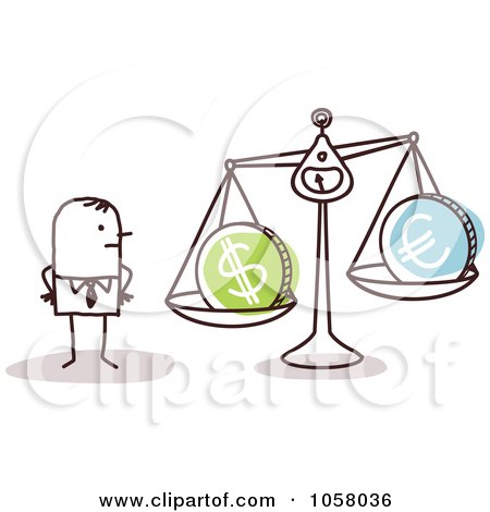 Royalty-Free Vector Clip Art Illustration of a Stick Businessman Weighing Currencies by NL shop