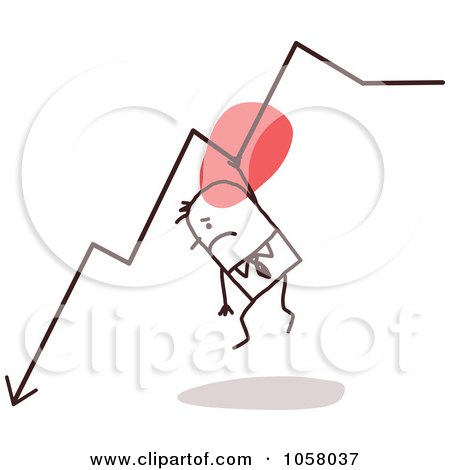 Royalty-Free Vector Clip Art Illustration of a Stick Businessman Hanging Onto A Decrease Arrow by NL shop