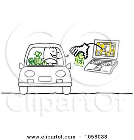 Royalty-Free Vector Clip Art Illustration of a Laptop Man Handing Cash To A Stick Man In A Car by NL shop