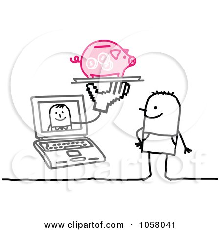 Royalty-Free Vector Clip Art Illustration of a Laptop Man Holding A Piggy Bank Out To A Stick Man by NL shop