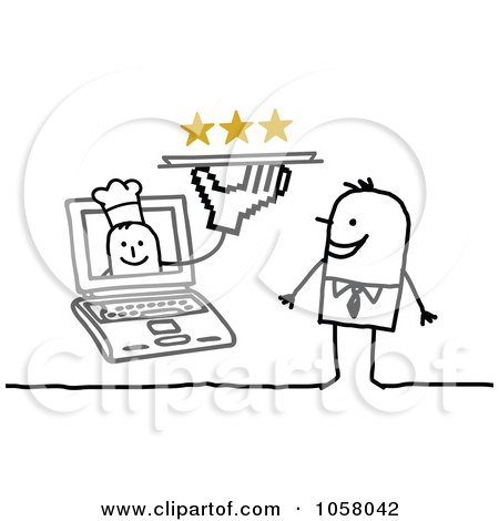Royalty-Free Vector Clip Art Illustration of a Laptop Man Holding A Platter Out To A Stick Man by NL shop
