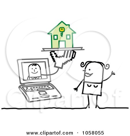 Royalty-Free Vector Clip Art Illustration of a Laptop Man Giving A Stick Woman A House by NL shop