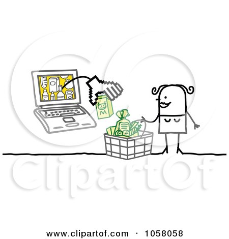 Royalty-Free Vector Clip Art Illustration of a Laptop Man Giving A Stick Woman Cash by NL shop
