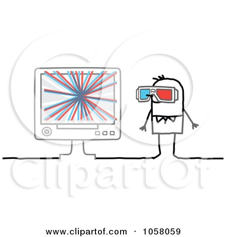 Royalty-Free Vector Clip Art Illustration of a Stick Man Watching A 3d Movie On A Monitor by NL shop