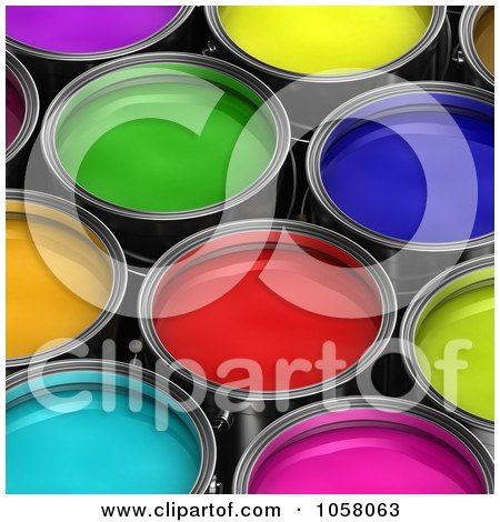 Royalty-Free CGI Clip Art Illustration of a Background Of Colorful 3d Buckets Of Paint - 1 by stockillustrations