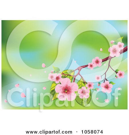Royalty-Free Vector Clip Art Illustration of a Spring Time Background Of Cherry Blossoms Against Blue And Green by Pushkin