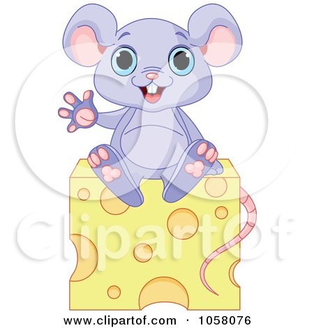 Royalty-Free Vector Clip Art Illustration of a Cute Purple Mouse Waving On Cheese by Pushkin