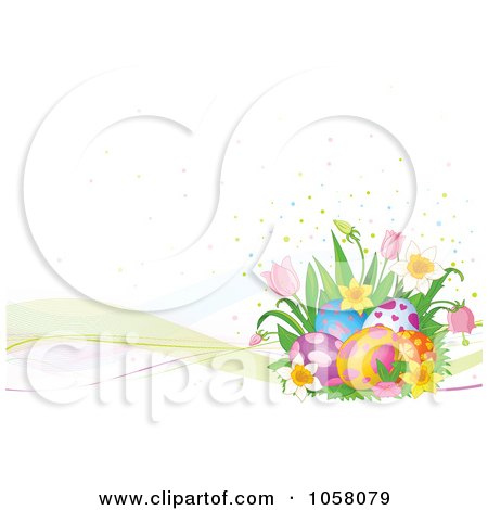 Royalty-Free Vector Clip Art Illustration of an Easter Background Of Mesh Waves With Eggs, Dots And Spring Flowers by Pushkin