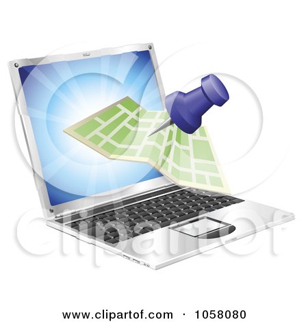 Royalty-Free Vector Clip Art Illustration of a 3d Map Coming Out Of A Laptop Screen by AtStockIllustration
