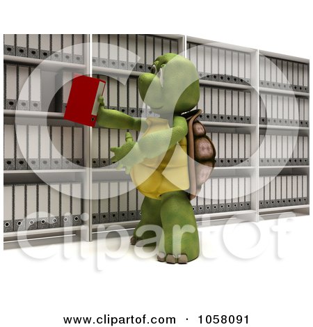 Royalty-Free CGI Clip Art Illustration of a 3d Tortoise Putting A Binder Back In Shelves Of Archives by KJ Pargeter