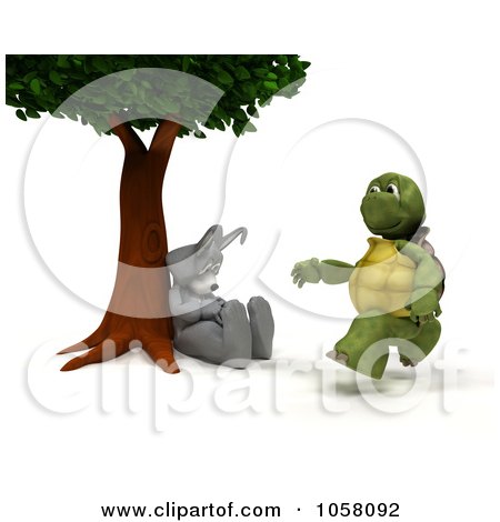 Royalty-Free CGI Clip Art Illustration of a 3d Tortoise Running Past A Napping Hare by KJ Pargeter