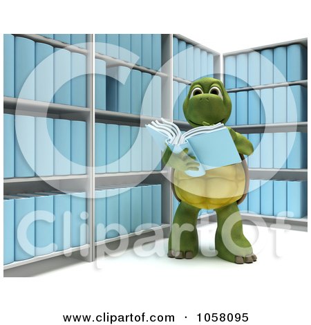 Royalty-Free CGI Clip Art Illustration of a 3d Tortoise Reading Information In A Room Of Archives by KJ Pargeter