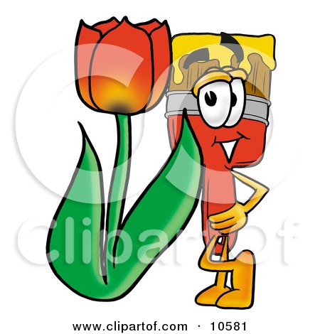 Clipart Picture of a Paint Brush Mascot Cartoon Character With a Red Tulip Flower in the Spring by Mascot Junction