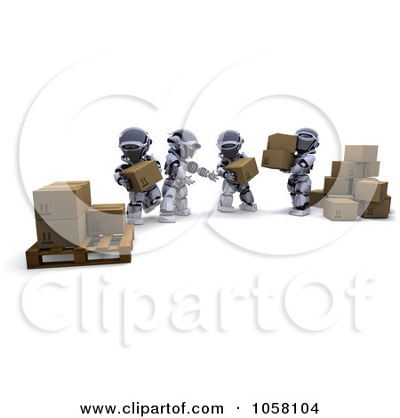 Royalty-Free CGI Clip Art Illustration of 3d Robots Passing Parcels by KJ Pargeter