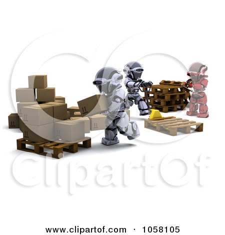 Royalty-Free CGI Clip Art Illustration of a Team Of 3d Robots Shipping Parcels by KJ Pargeter