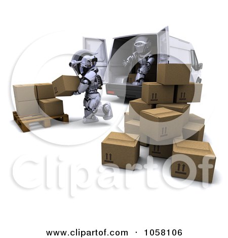 Royalty-Free CGI Clip Art Illustration of 3d Robots Loading Parcels In A Van by KJ Pargeter