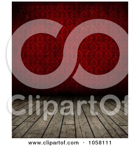 Royalty-Free CGI Clip Art Illustration of 3d Wooden Flooring And Red Wallpaper by KJ Pargeter