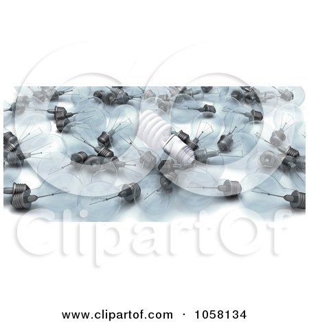 Royalty-Free CGI Clip Art Illustration of a 3d Energy Saving Bulb On Old Fashioned Light Bulbs by KJ Pargeter