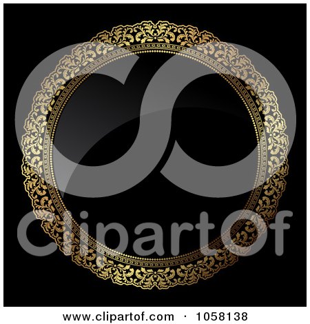 Royalty-Free Vector Clip Art Illustration of a 3d Golden Ornate Circle Frame With Shiny Black by KJ Pargeter
