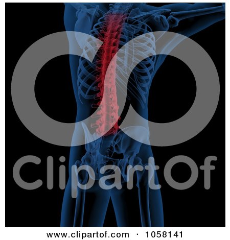 Royalty-Free CGI Clip Art Illustration of a 3d Male Medical Skeleton With A Highlighted Spine Depicting Pain by KJ Pargeter
