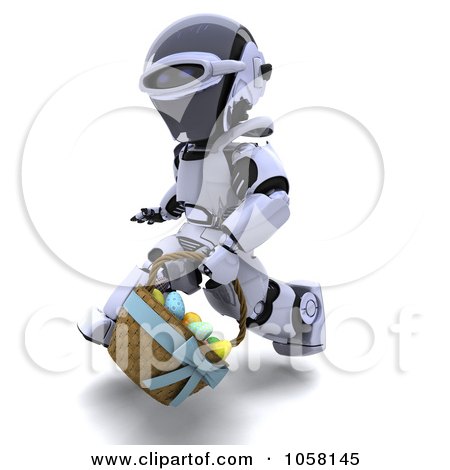 Royalty-Free CGI Clip Art Illustration of a 3d Robot Running With An Easter Basket by KJ Pargeter