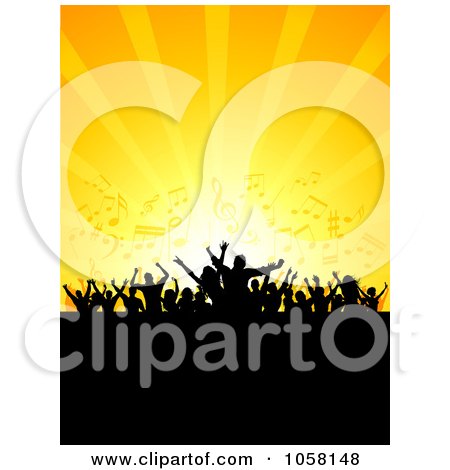 Royalty-Free Vector Clip Art Illustration of a Silhouetted Crowd Dancing Against A Sunset With Music Notes by KJ Pargeter