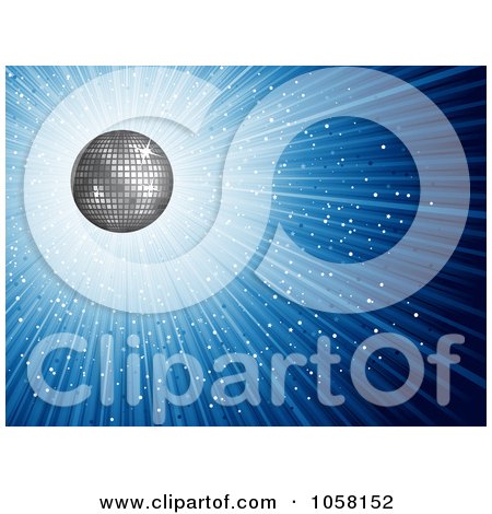 Royalty-Free Vector Clip Art Illustration of a Blue Shiny Background With A Silver Disco Ball by KJ Pargeter