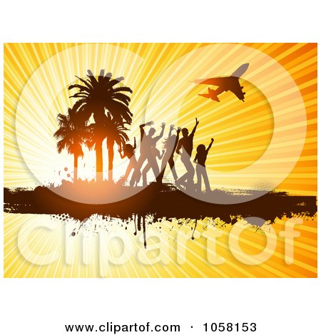 Royalty-Free Vector Clip Art Illustration of Silhouetted Dancers And Palm Tree On Grunge Under A Plan On Sun Rays by KJ Pargeter