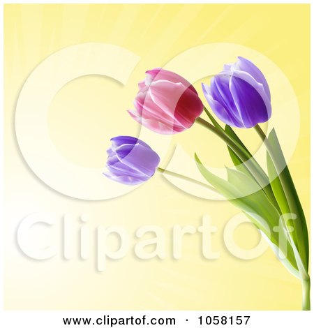 Royalty-Free Vector Clip Art Illustration of Purple And Pink Spring Tulips Over Yellow by elaineitalia