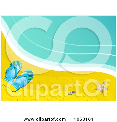 Royalty-Free Vector Clip Art Illustration of Flip Flops And A Starfish On A Beach By The Surf by elaineitalia