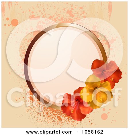 Royalty-Free Vector Clip Art Illustration of a Gold Frame With Red And Yellow Hibiscus Flowers Over Pastel Grunge by elaineitalia