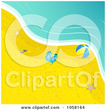 Royalty-Free Vector Clip Art Illustration of Flip Flops, A Beach Ball And A Starfish On A Beach By The Surf by elaineitalia