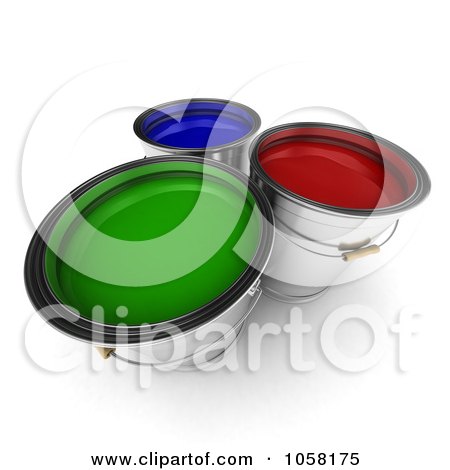 Royalty-Free CGI Clip Art Illustration of 3d Red, Green And Blue Paint Buckets by stockillustrations