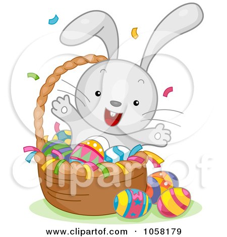 Royalty-Free Vector Clip Art Illustration of an Easter Bunny Celebrating In A Basket Of Eggs by BNP Design Studio