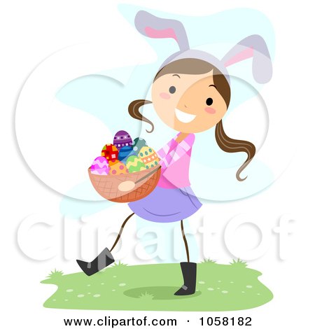Royalty-Free Vector Clip Art Illustration of an Easter Girl With Bunny Ears, Carrying A Basket Of Eggs by BNP Design Studio
