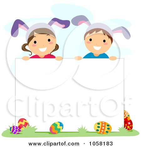 Royalty-Free Vector Clip Art Illustration of Easter Kids With Bunny Ears, Over A Blank Sign by BNP Design Studio