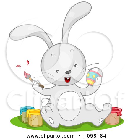 Royalty-Free Vector Clip Art Illustration of an Easter Bunny Sitting With Paint Cans And Decorating Eggs by BNP Design Studio