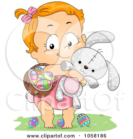 Royalty-Free Vector Clip Art Illustration of an Easter Girl Carrying A Basket Of Eggs And A Rabbit by BNP Design Studio