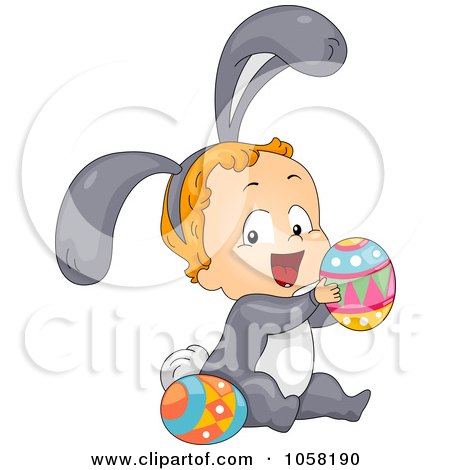 Royalty-Free Vector Clip Art Illustration of a Toddler In A Bunny Costume, Playing With Easter Eggs by BNP Design Studio