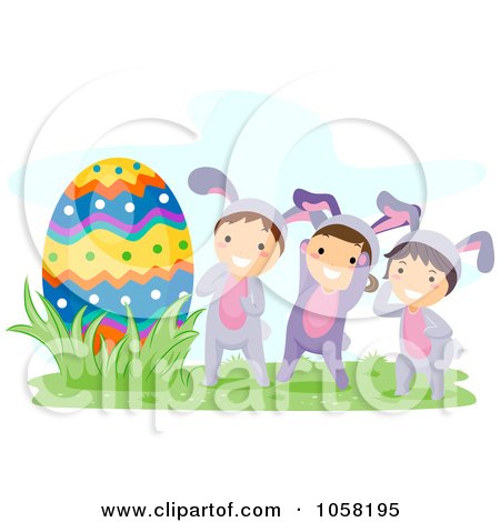 Royalty-Free Vector Clip Art Illustration of Easter Kids In Bunny Costumes, Discovering A Giant Egg by BNP Design Studio