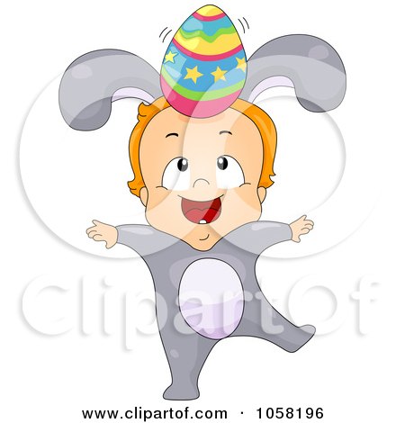 Royalty-Free Vector Clip Art Illustration of a Toddler In A Bunny Costume, Balancing An Egg On His Head by BNP Design Studio