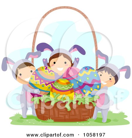 Royalty-Free Vector Clip Art Illustration of Easter Kids In Bunny Costumes, Putting Eggs In A Basket by BNP Design Studio