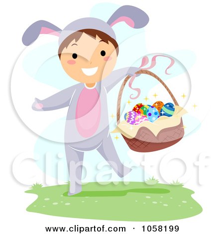 Royalty-Free Vector Clip Art Illustration of a Boy In A Bunny Costume, Holding An Easter Basket by BNP Design Studio