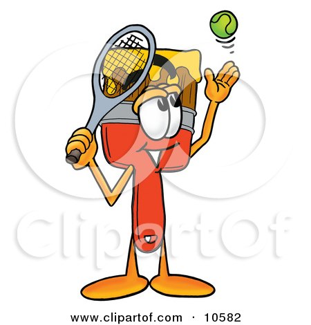 Clipart Picture of a Paint Brush Mascot Cartoon Character Preparing to Hit a Tennis Ball by Mascot Junction