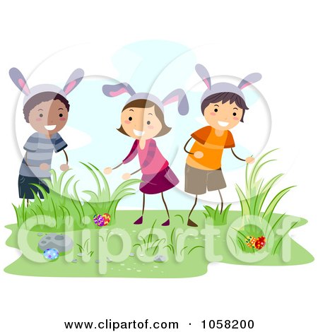 Royalty-Free Vector Clip Art Illustration of Easter Kids Doing An Egg Hunt by BNP Design Studio