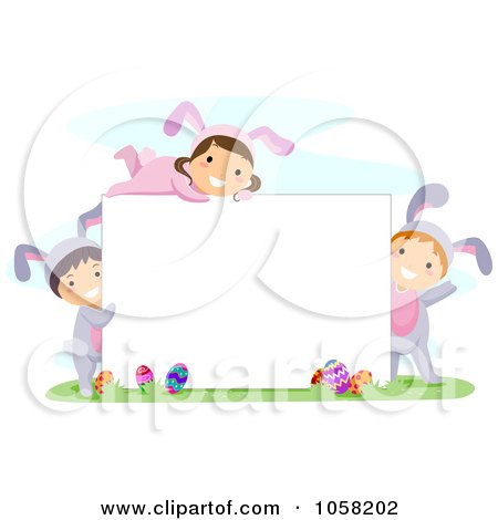 Royalty-Free Vector Clip Art Illustration of Easter Kids In Bunny Costumes, Around A Blank Sign by BNP Design Studio