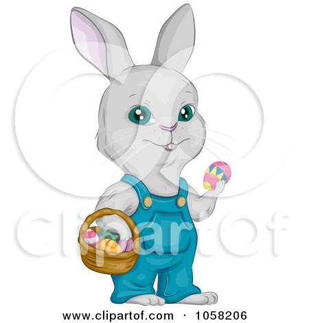 Royalty-Free Vector Clip Art Illustration of an Easter Bunny Wearing Overalls And Holding A Basket And Egg by BNP Design Studio