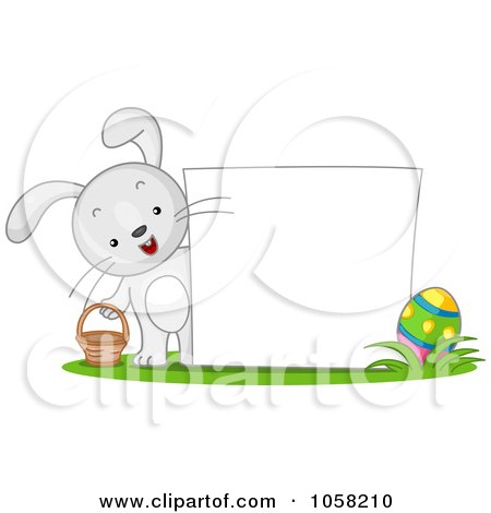 Royalty-Free Vector Clip Art Illustration of a Bunny With A Basket And Easter Egg By A Blank Sign by BNP Design Studio