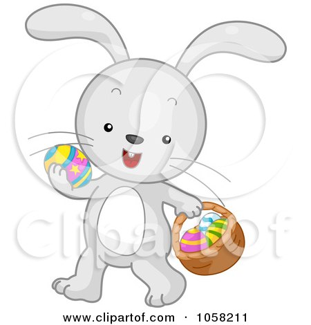 Royalty-Free Vector Clip Art Illustration of an Easter Bunny Carrying An Egg In One Paw And A Basket In The Other by BNP Design Studio