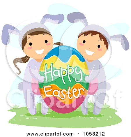 Royalty-Free Vector Clip Art Illustration of Easter Kids In Bunny Costumes, Carrying A Happy Easter Egg by BNP Design Studio
